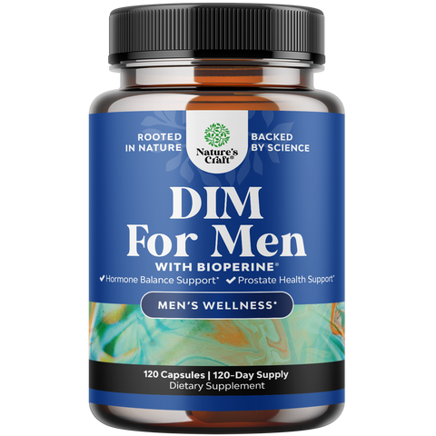 DIM Supplement For Men bottle promoting hormonal balance, mood support, and enhanced energy.