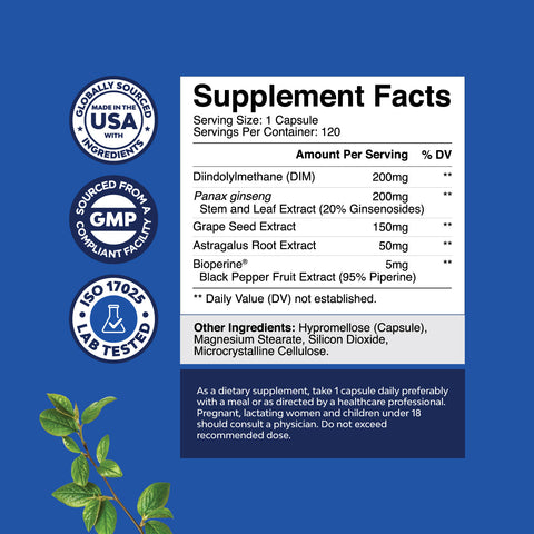 DIM Supplement For Men bottle promoting hormonal balance, mood support, and enhanced energy.