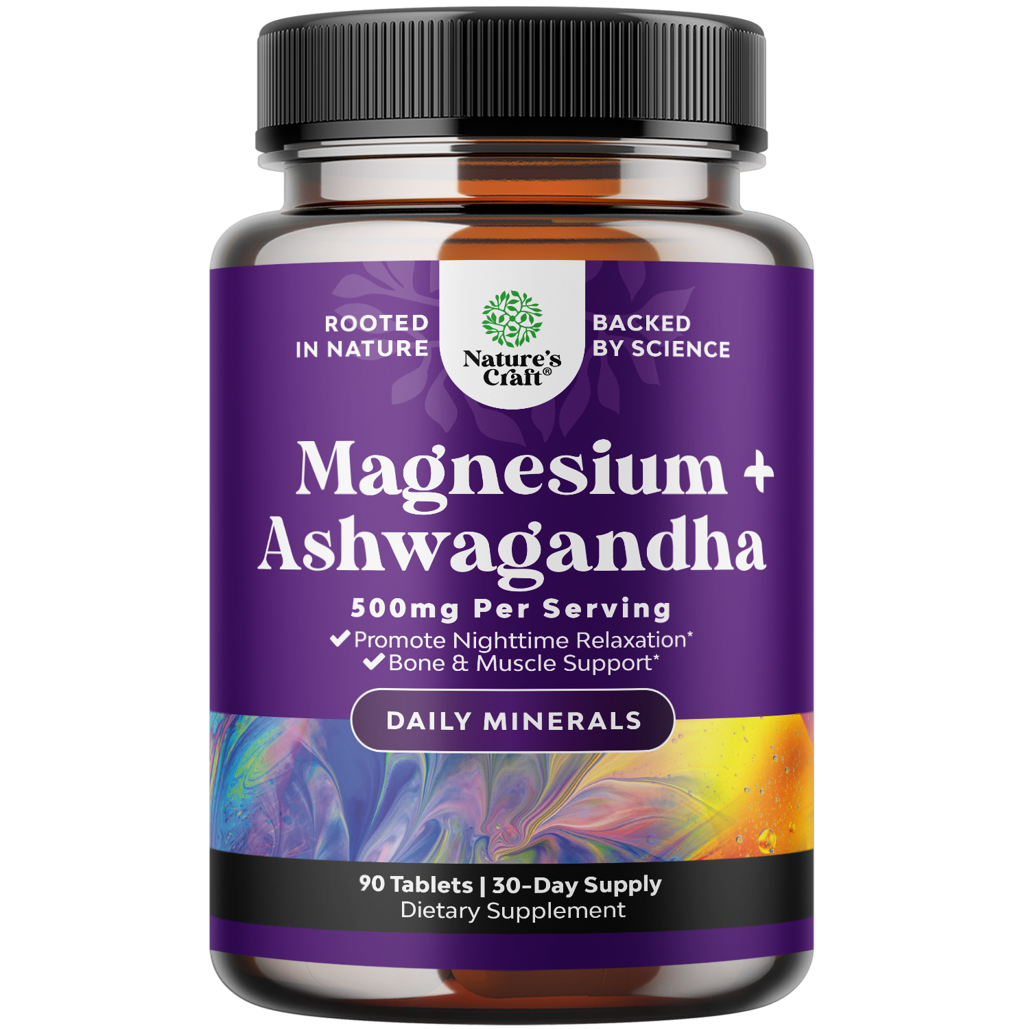 Magnesium Glycinate 500mg with Ashwagandha Root - Calming Magnesium Supplement for Women and Men - Vegan 500mg Magnesium Buffered Chelate per Serving for Mood Sleep and Relaxation - 90 Tablets