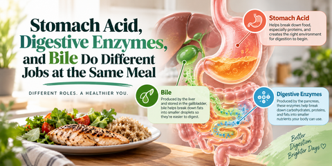 Stomach Acid, Digestive Enzymes, and Bile Do Different Jobs at the Same Meal