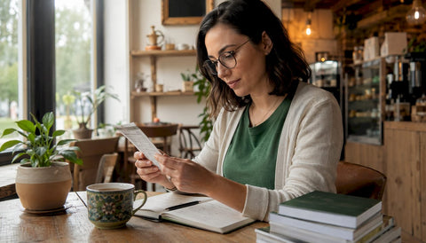 Nutritionist reviewing supplement label at desk