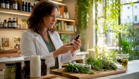 Pharmacist examining iodine supplement bottle