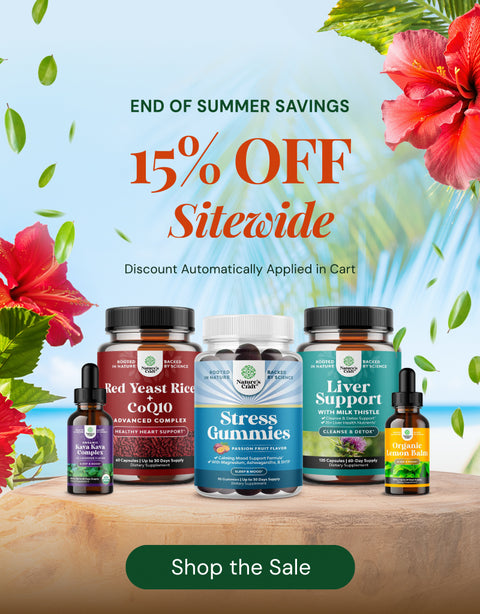Promotional banner for End of Summer Savings showing four supplement bottles on a wooden surface: Red Yeast Rice + CoQ10, Stress Gummies, Liver Support, Kava Kava Complex, and Organic Lemon Balm. The background features a tropical beach scene with palm trees, blue sky, and red hibiscus flowers, with text reading '15% OFF Sitewide' and a green 'Shop the Sale' button.