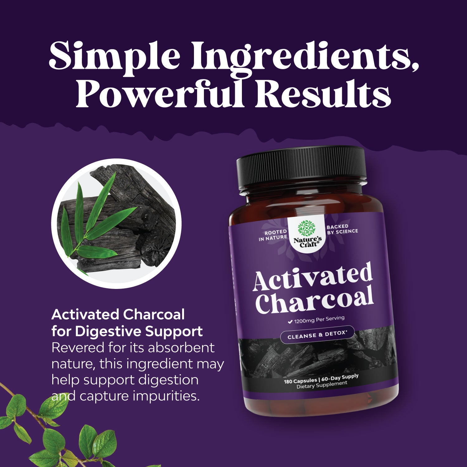 Activated Charcoal 1200mg per serving - 180 Capsules