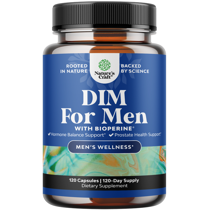 DIM Supplement For Men bottle promoting hormonal balance, mood support, and enhanced energy.