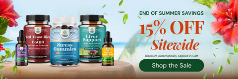 A promotional banner for sitewide summer savings showing several supplement bottles on a wooden surface against a tropical beach background with hibiscus flowers. 