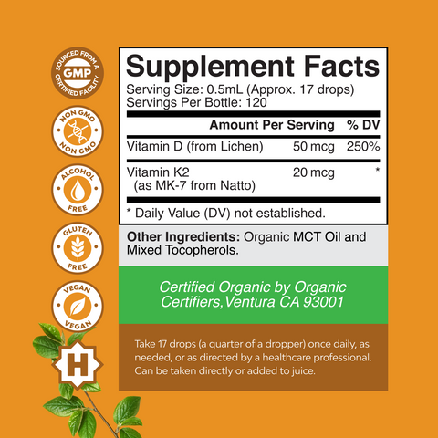 Organic Vitamin D3 + K2 Drops 2000IU per serving