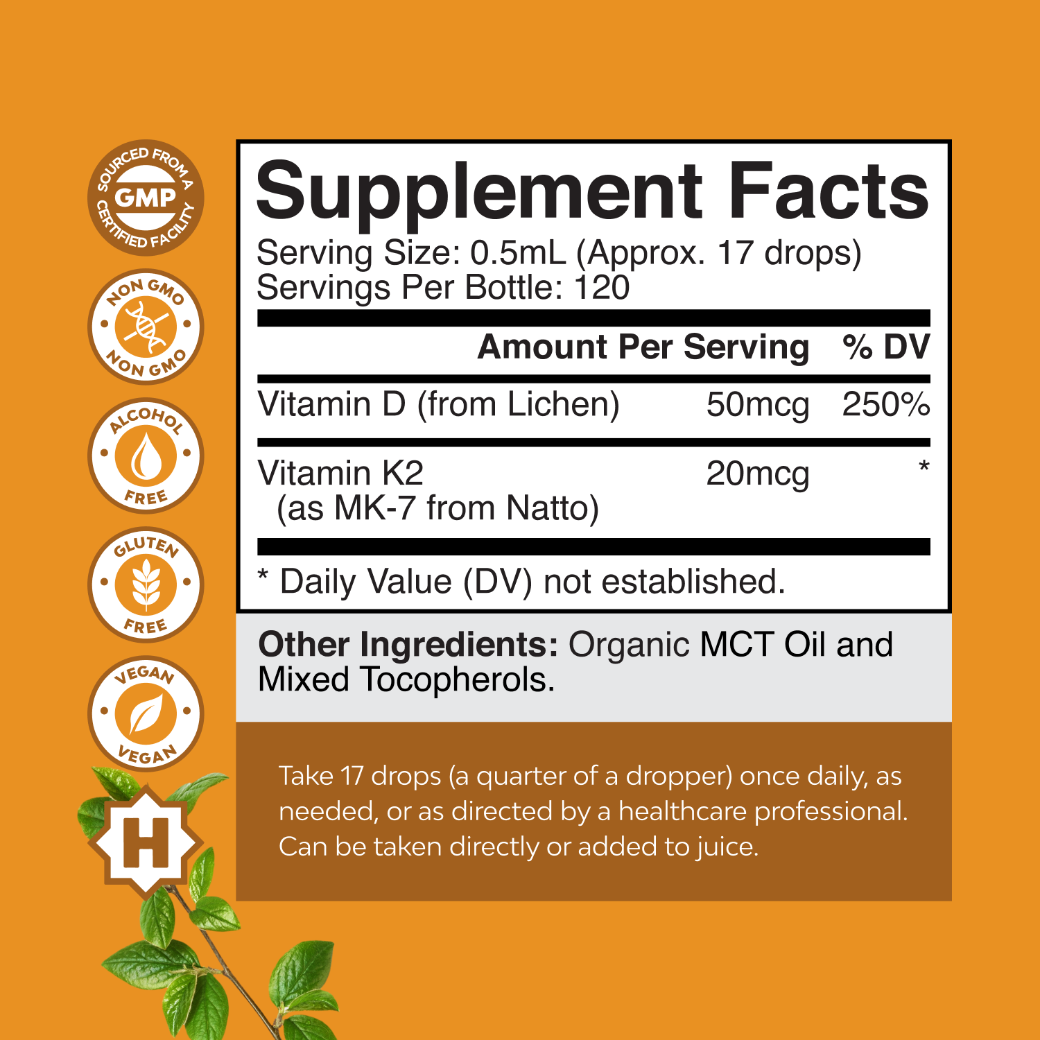 Organic Vitamin D3 + K2 Drops 2000IU per serving