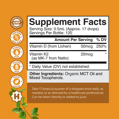 Organic Vitamin D3 + K2 Drops 2000IU per serving