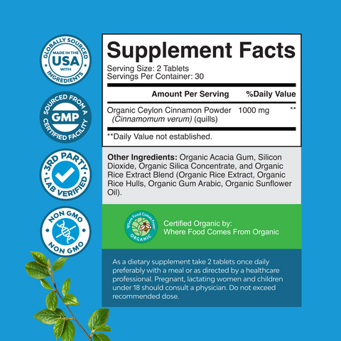 Organic Ceylon Cinnamon 1000mg per serving